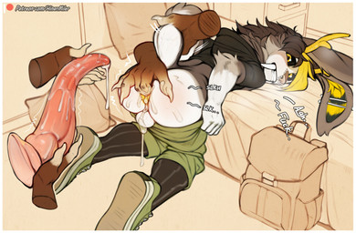 anal anal_fingering anthro antlers anus backsack balls bed bent_over black_cl...