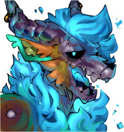 anthro blue_body blue_fire blue_fur blue_hair blue_tongue bone colored_fire f...