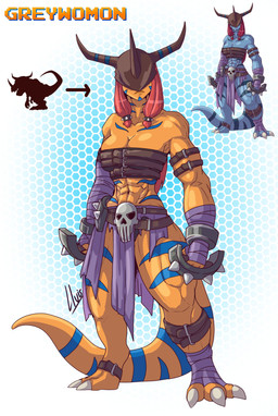 3_horns 3_toes abs arm_wraps bdsm belt biceps big_breasts blue_body blue_skin...
