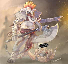 3_toes 4_fingers anthro armor axe battle battle_axe big_breasts blue_eyes bre...