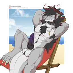 4_toes abs anthro armpit_hair aroused ball_tuft balls balls_on_tail beach bea...