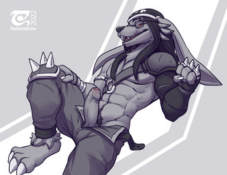 anthro black_hair bottomwear clothed clothing erection facial_piercing foresk...