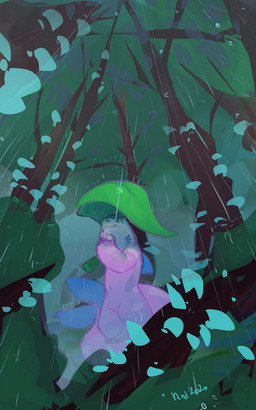 anthro blue_fin blue_gills fin forest fungus gills holding_leaf holding_objec...