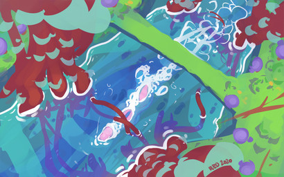anthro blue_fin fin forest male outside partially_submerged pink_body pink_sc...