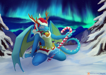 anthro aurora_(phenomenon) bell blue_body candy candy_cane cape christmas_clo...