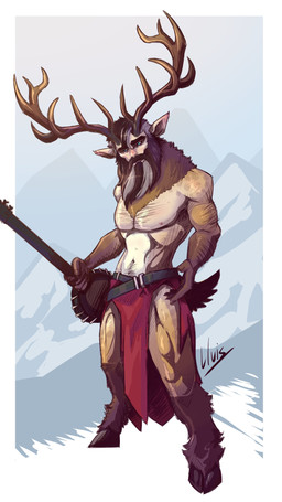 antlers arm_hair beard blue_eyes body_hair bottomwear chest_hair clothed clot...