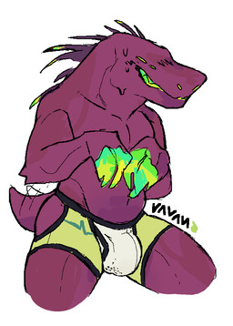 bodily_fluids bulge claws clothed clothing green_eyes green_teeth grin male m...