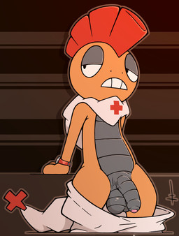 arm_support balls bottomwear bottomwear_down brown_background clenched_teeth ...