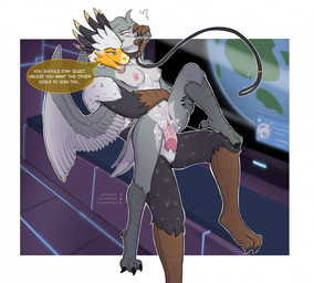 anthro beak bodily_fluids breast_lick breast_play breasts chair_position claw...