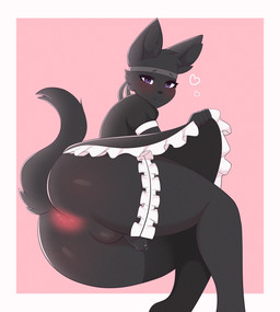 anthro anus black_body black_fur black_nose blush bodily_fluids bottomwear bu...