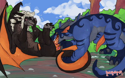 anus black_body black_claws black_fur black_wings blue_body blue_scales blue_...