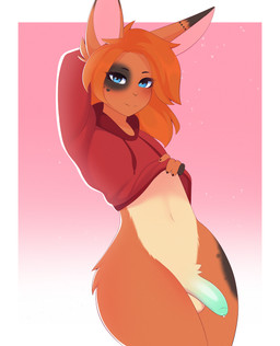 anthro blue_eyes bodily_fluids bottomless clothed clothing femboy fur genital...