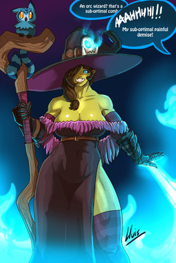 armor big_breasts blue_eyes breasts cleavage clothed clothing dialogue fangs ...