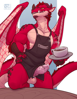 accessory anthro apron apron_only ball_ring balls barista beverage big_penis ...