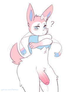 anthro big_penis blue_eyes blush blush_lines bodily_fluids clothed clothing c...