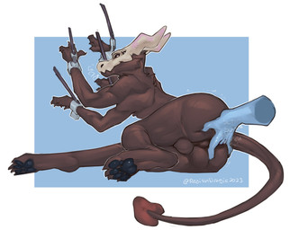 anal anal_fingering anthro balls black_body black_fur blue_background bone bo...