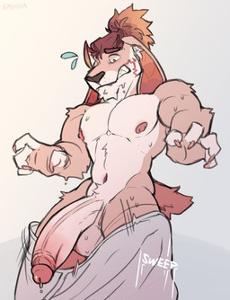 abs accident accidental_exposure anthro balls biceps big_balls big_penis blac...