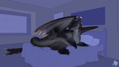 animal_genitalia anus bed bedroom bedroom_eyes black_body bodily_fluids butt ...