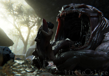 armor big_tongue bodily_fluids bone cave detailed_background duo faceless_cha...