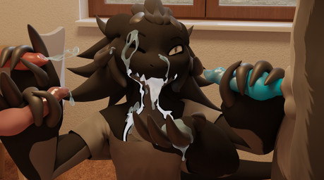 4_arms balls bodily_fluids cum cum_drip cum_on_chest cum_on_face cum_on_hand ...