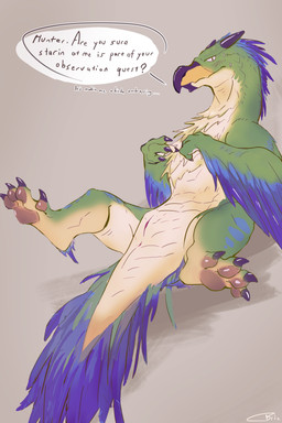 anus claws dialogue feathered_wings feathers female feral finger_claws genita...