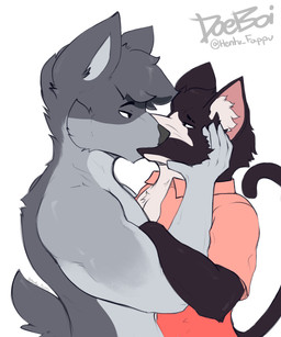 anthro black_body black_fur duo fur grey_body grey_fur kissing male male/male...