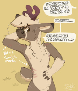 ambiguous_gender anthro bite_mark bodily_fluids bruised dialogue embarrassed ...