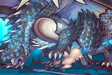 armor bestiality big_breasts big_tail blue_eyes bodily_fluids breast_squish b...