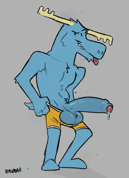 anthro antlers ball_tuft balls barefoot big_balls big_penis blue_body blue_fu...