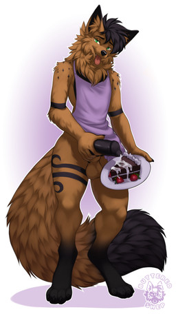 animal_genitalia anthro apron apron_only balls black_body black_fur bodily_fl...