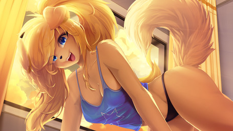 anthro black_nose blonde_hair blue_eyes breasts clothed clothing cute_fangs e...