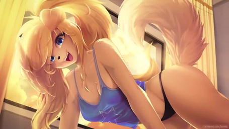 anthro black_nose blonde_hair blue_eyes breasts clothed clothing cute_fangs e...