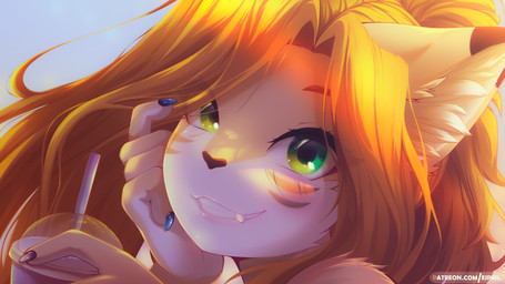 anthro beverage container cup female fur green_eyes hair looking_at_viewer so...