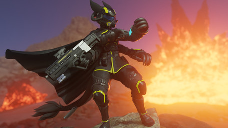anthro armor biped cape clothing explosives fur grey_body grey_fur gun headge...