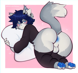 anthro anus balls blue_eyes blue_hair blush blush_lines butt cheek_tuft cloth...