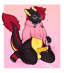 after_orgasm anthro barbel_(anatomy) bed black_body black_fur black_latex ble...