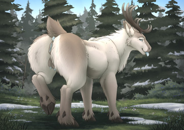 antlers anus blep blue_eyes butt cheek_tuft chest_tuft day detailed_backgroun...