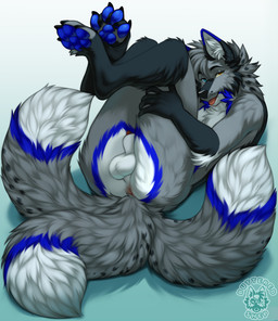 4_toes animal_genitalia anthro anus balls bent_leg blep claws feet fingers_be...