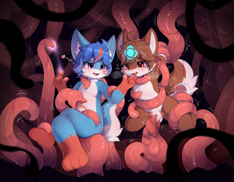 anthro balls blue_body blue_fur blue_hair blush bodily_fluids brown_body brow...