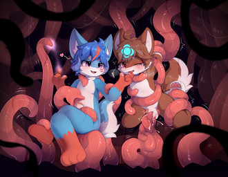 anthro balls blue_body blue_fur blue_hair blush bodily_fluids brown_body brow...