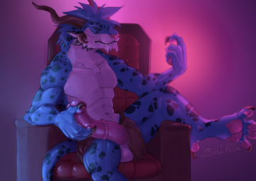 animal_genitalia animal_penis anthro balls blue_body blue_fur chair claws equ...