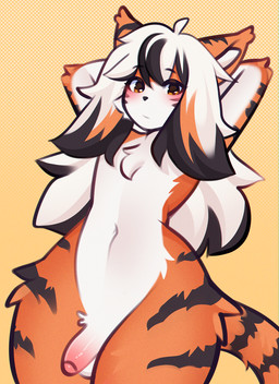 anthro black_stripes blush femboy fluffy foreskin fur genitals hair hands_beh...