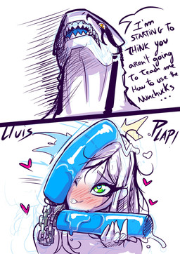 anthro blue_mouth blush bodily_fluids dialogue female green_eyes heart_eyes h...