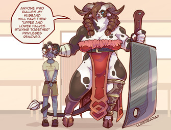 anthro beard big_breasts blue_eyes bottomwear braided_hair breasts brown_hair...