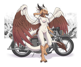4_toes 5_fingers anthro barbel_(anatomy) beak black_beak black_horn breasts b...