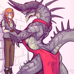 anthro back_spikes backless_clothing backless_dress blue_tongue breasts bulge...