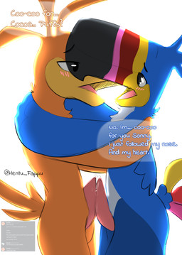 anthro balls beak blush cereal_mascot cursed_image dialogue duo erection frot...