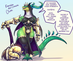 3_toes abs anthro armor big_breasts black_clothing black_dress blue_backgroun...