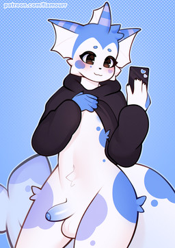 anthro blue_background blue_markings blush bottomless brown_eyes clothed clot...