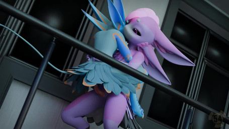 anal anal_penetration animal_genitalia anthro balcony black_sclera blue_body ...